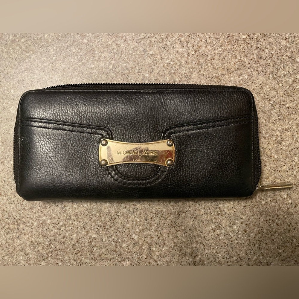 Michael Kors Black Leather Wallet with Gold Engraved "Michael Kors" Plate